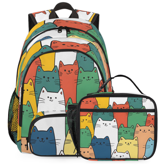 Herdesigns Cat Large Backpack Set with Lunch Box Lightweight Water Resistant Travel Laptop Backpacks Casual Daypacks for Women Men, Colorful