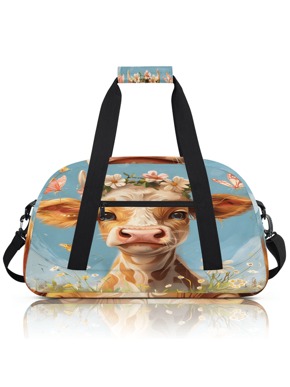 Cattle Cow Sports Duffle Bag for Women & Men, Watercolor Floral Gym Bag Dance Bag Overnight Bag Carry On Weekender Travel Bag