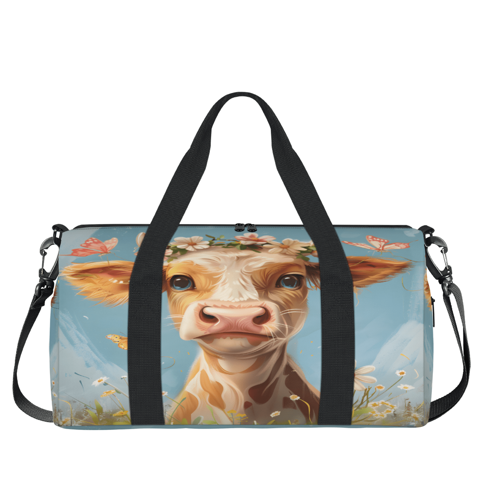 Herdesigns Cattle Cow Travel Duffle Bag Sports Yoga Weekender Overnight Carry on Workout Bags Lightweight Waterproof Gym Tote Bag for Women Watercolor Floral