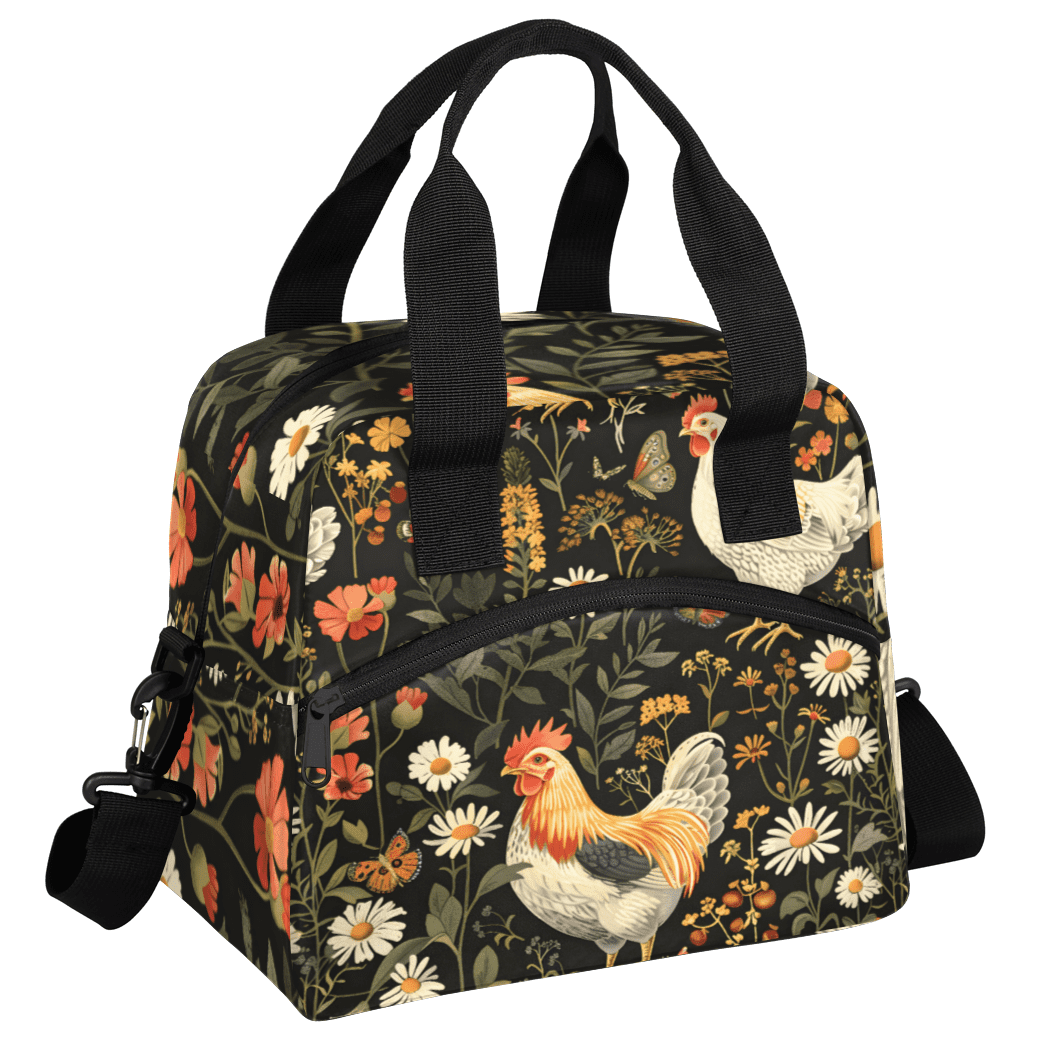 Herdesigns Chicken Cocks and Hens Rooster Insulated Lunch Bag for Women Men Adults Large Reusable Lunch Box Farm Animal Leakproof Cooler Tote Bags with Adjustable Shoulder Strap
