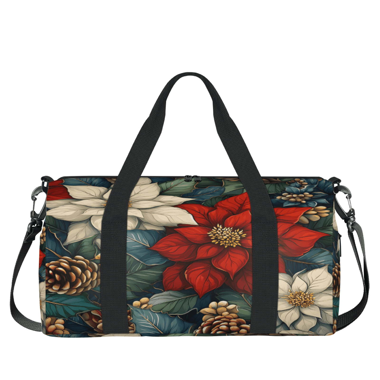 Herdesigns Christmas Flower Leaves Travel Duffle Bag Sports Yoga Weekender Overnight Carry on Workout Bags Lightweight Waterproof Gym Tote Bag for Women Poinsettia Floral