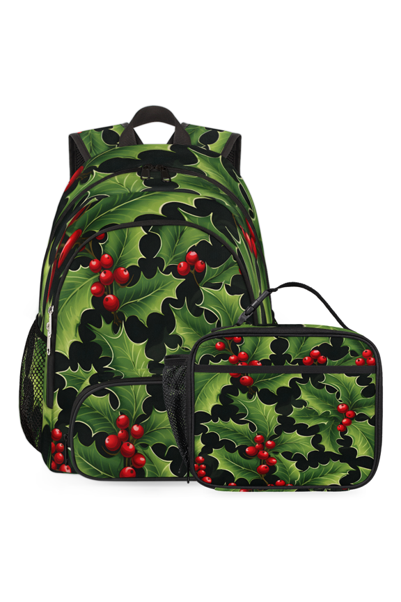 Christmas Leaves Backpack with Lunch Box Holly Berry Lightweight Large Travel Work Laptop Backpacks Set Casual Daypacks
