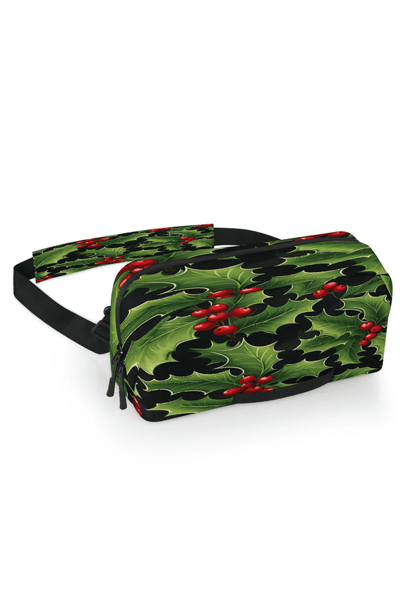 Christmas Leaves Carrying Case Bag for Gaming Console, Waterproof Travel Crossbody Sling Bag Compatible with Nintendo Switch 2, Adjustable Shoulder Strap Chest Bag, Holly Berry