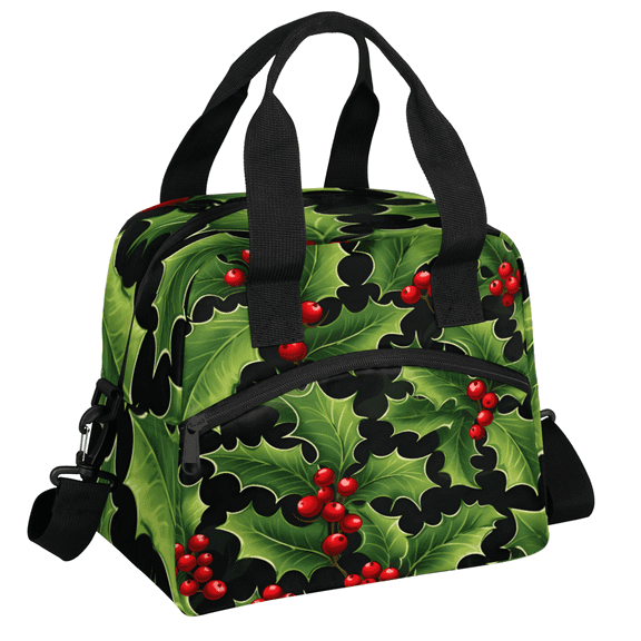 Herdesigns Christmas Leaves Insulated Lunch Bag for Women Men Adults Large Reusable Lunch Box Holly Berry Leakproof Cooler Tote Bags with Adjustable Shoulder Strap