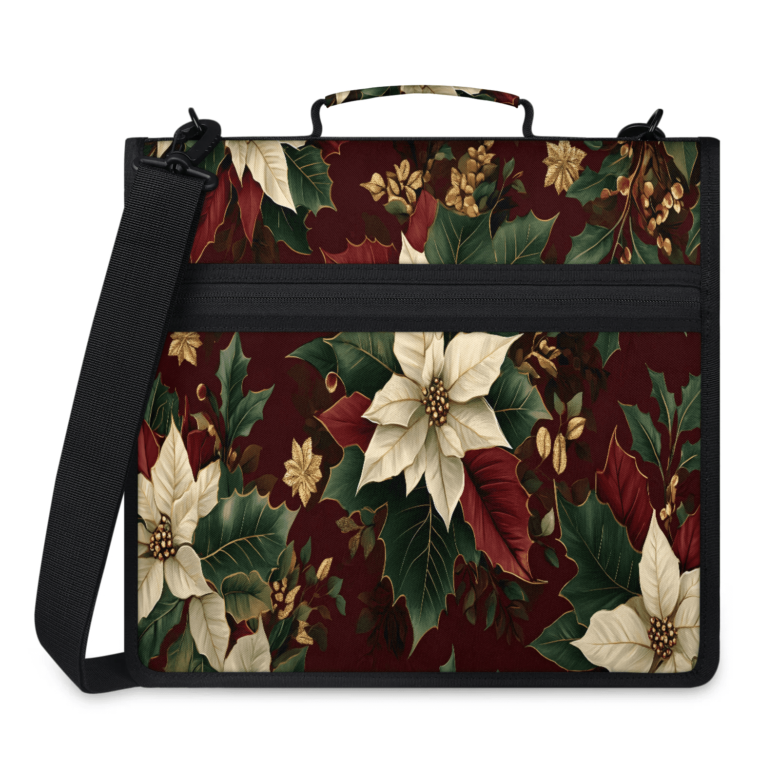 Herdesigns Christmas Poinsettia Zipper Binder with Shoulder Strap, Waterproof 1.5 Inch 3 D-Ring Binder Organizer Bag, Fits 13 Inch Laptop for Work, Red Winter Xmas