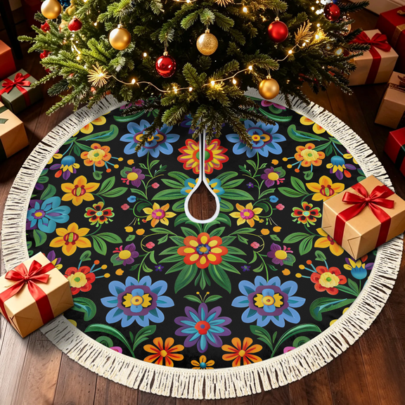Herdesigns Christmas Tree Skirt with Tassels, Foldable Mexico Floral Traditional Mexican Boho Tree Floor Mat with Fastening Straps for Holiday Party, 28.3 Inch