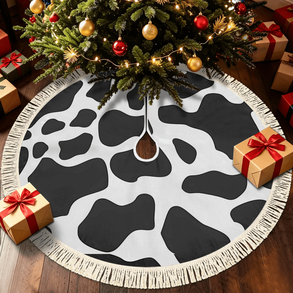 Herdesigns Christmas Tree Skirt with Tassels, Foldable Cow Print Skin Tree Floor Mat with Fastening Straps for Holiday Party, 47.2 Inch