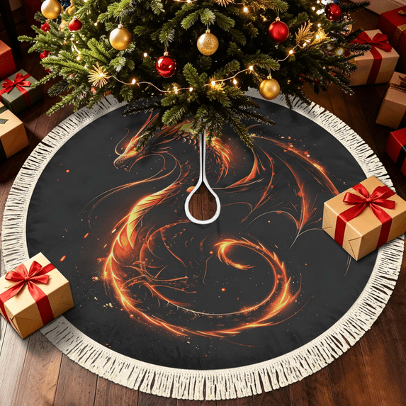 Herdesigns Christmas Tree Skirt with Tassels, Foldable Fire Dragon Tree ...