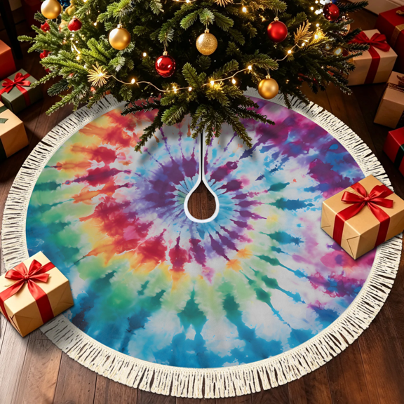 Herdesigns Christmas Tree Skirt with Tassels, Foldable Tie Dye Rainbow Boho Hippie Tree Floor Mat with Fastening Straps for Holiday Party, 28.3 Inch