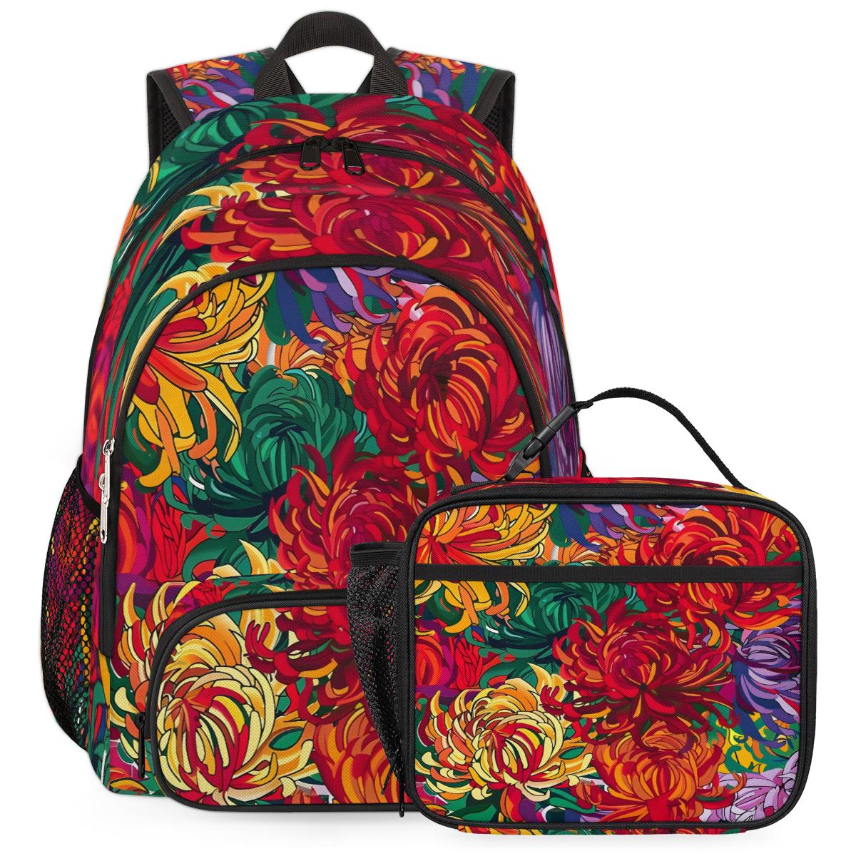 Herdesigns Chrysanthemum Flower Large Backpack Set with Lunch Box ...