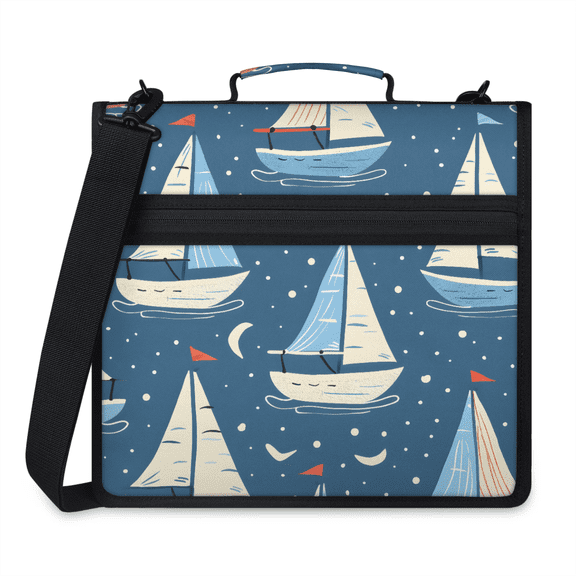 Herdesigns Coastal Sailboat Zipper Binder 1.5 Inch 3 D-Rings with Shoulder Strap & Handle, Waterproof Seaside Nautical Binder Organizer Bag for 13 Inch Laptop