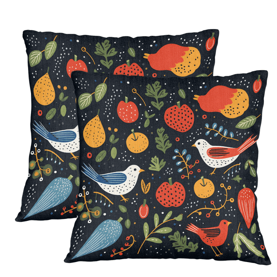 Herdesigns Colorful Birds Throw Pillow Covers, 14x14 Inch Pack of 2 Soft Couch Pillowcases Cushion Cases for Sofa Bedroom Living Room Home Decor, Fruit and Bird