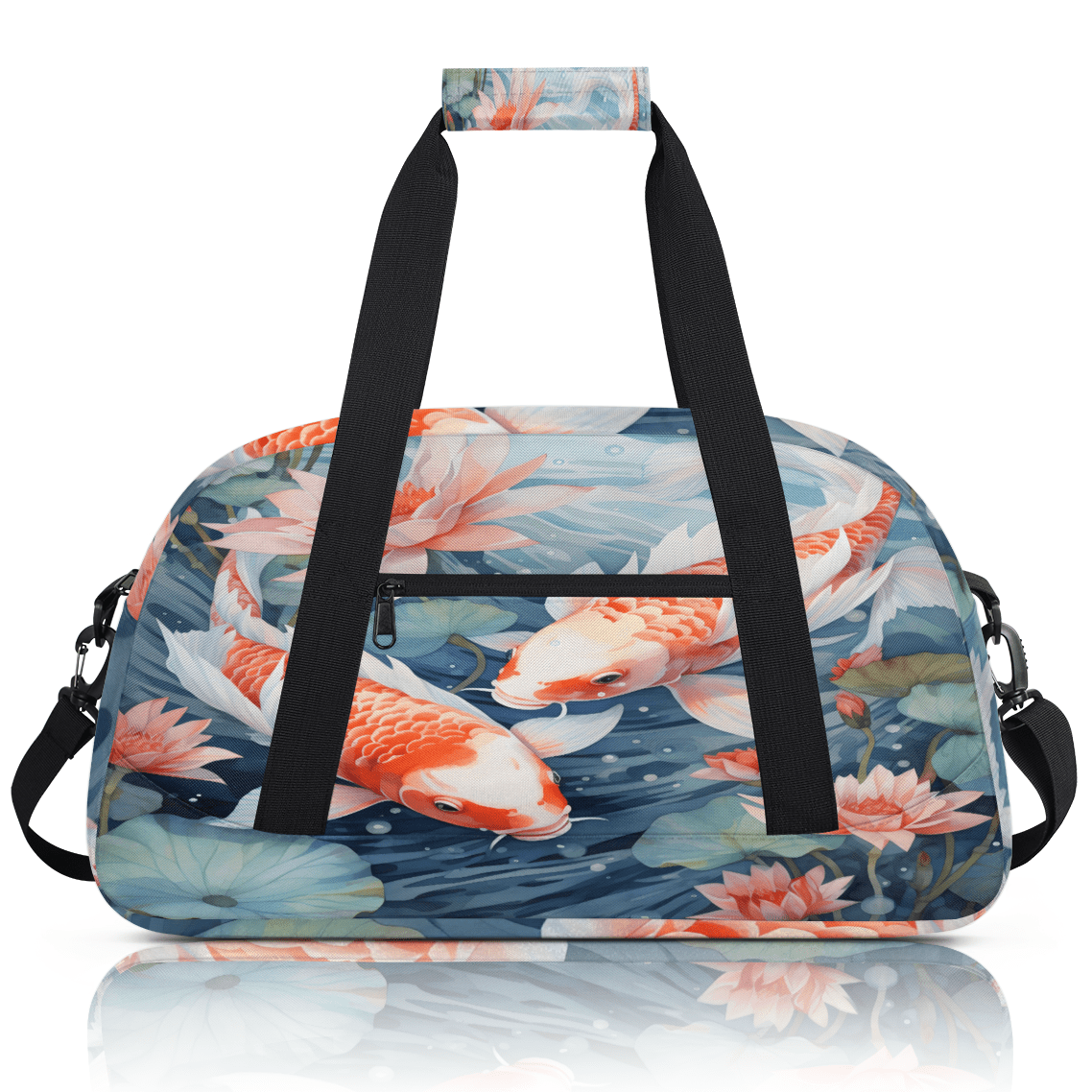 Herdesigns Colorful Carp Lotus Leaf Sports Duffle Bag for Women & Men, Japanese Art Gym Bag Dance Bag Overnight Bag Carry On Weekender Travel Bag