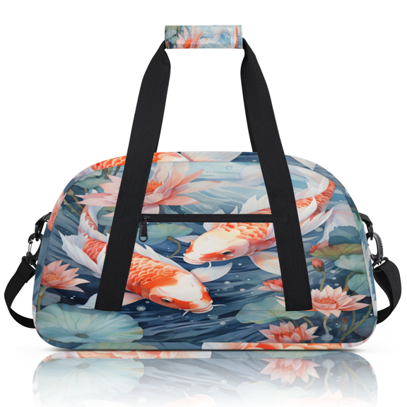 Herdesigns Colorful Carp Lotus Leaf Sports Duffle Bag for Women & Men, Japanese Art Gym Bag Dance Bag Overnight Bag Carry On Weekender Travel Bag