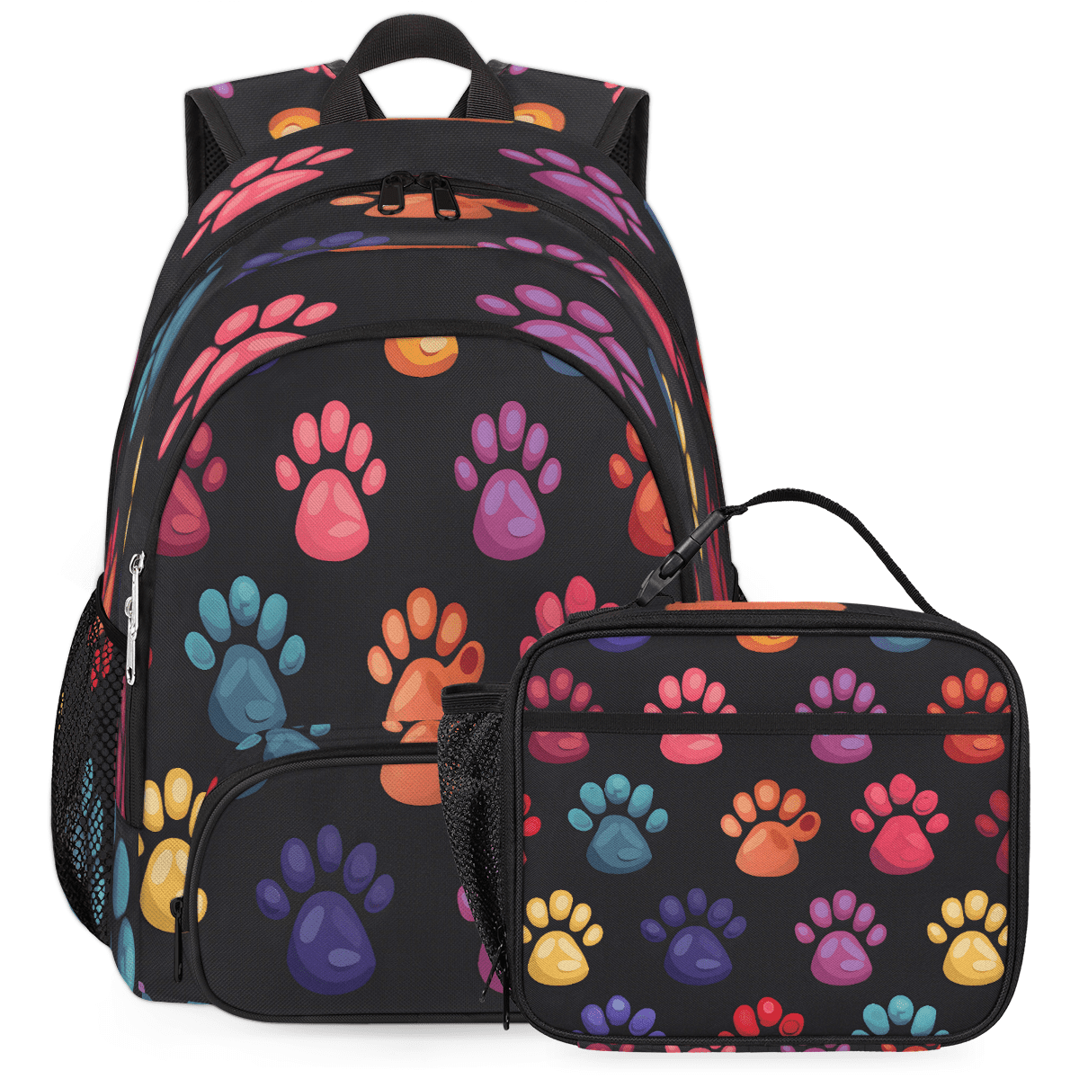 Herdesigns Colorful Cartoon Dog Paw Print Large Backpack Set with Lunch ...