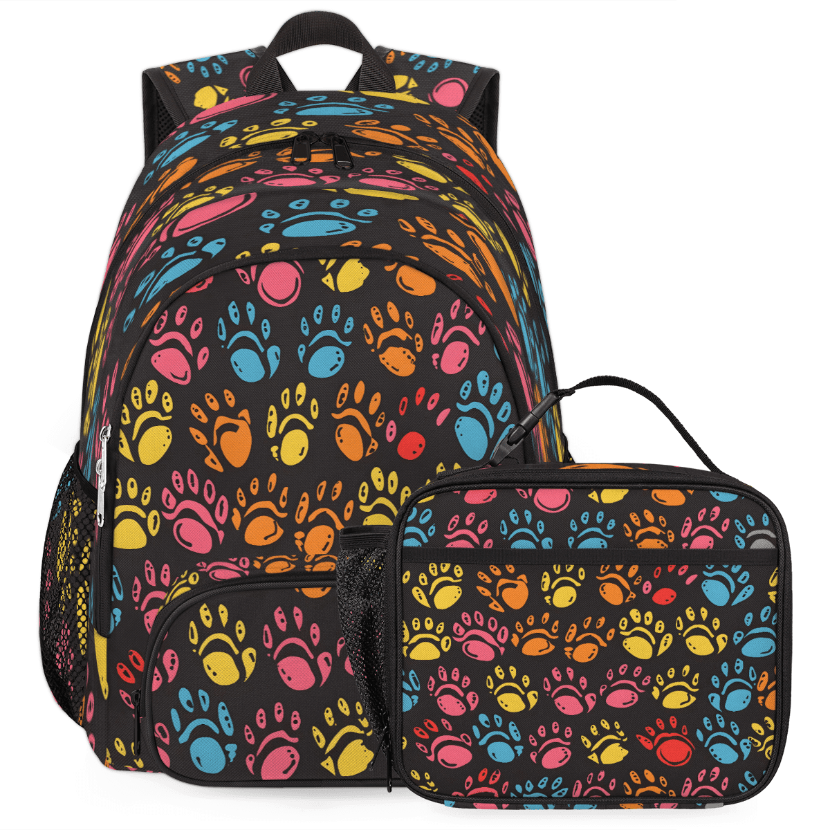 Herdesigns Colorful Cat Paw Print Large Backpack Set with Lunch Box ...