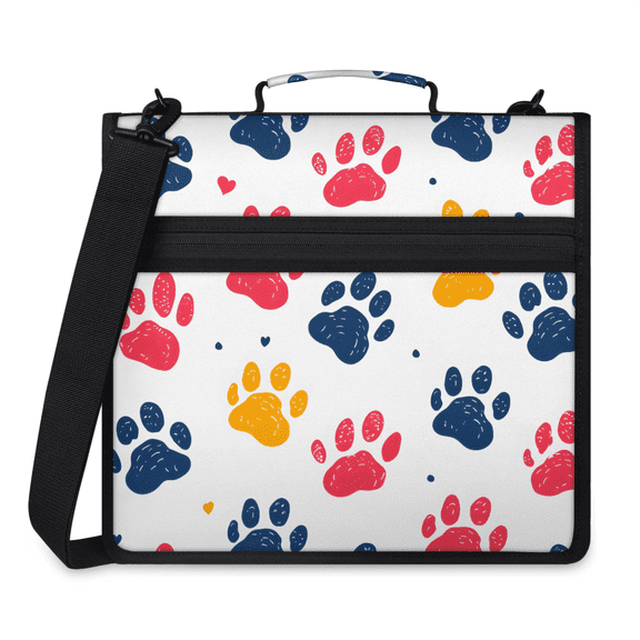 Herdesigns Colorful Dog Paw Zipper Binder 1.5 Inch 3 D-Rings with Shoulder Strap & Handle, Waterproof Paw Print Binder Organizer Bag for 13 Inch Laptop