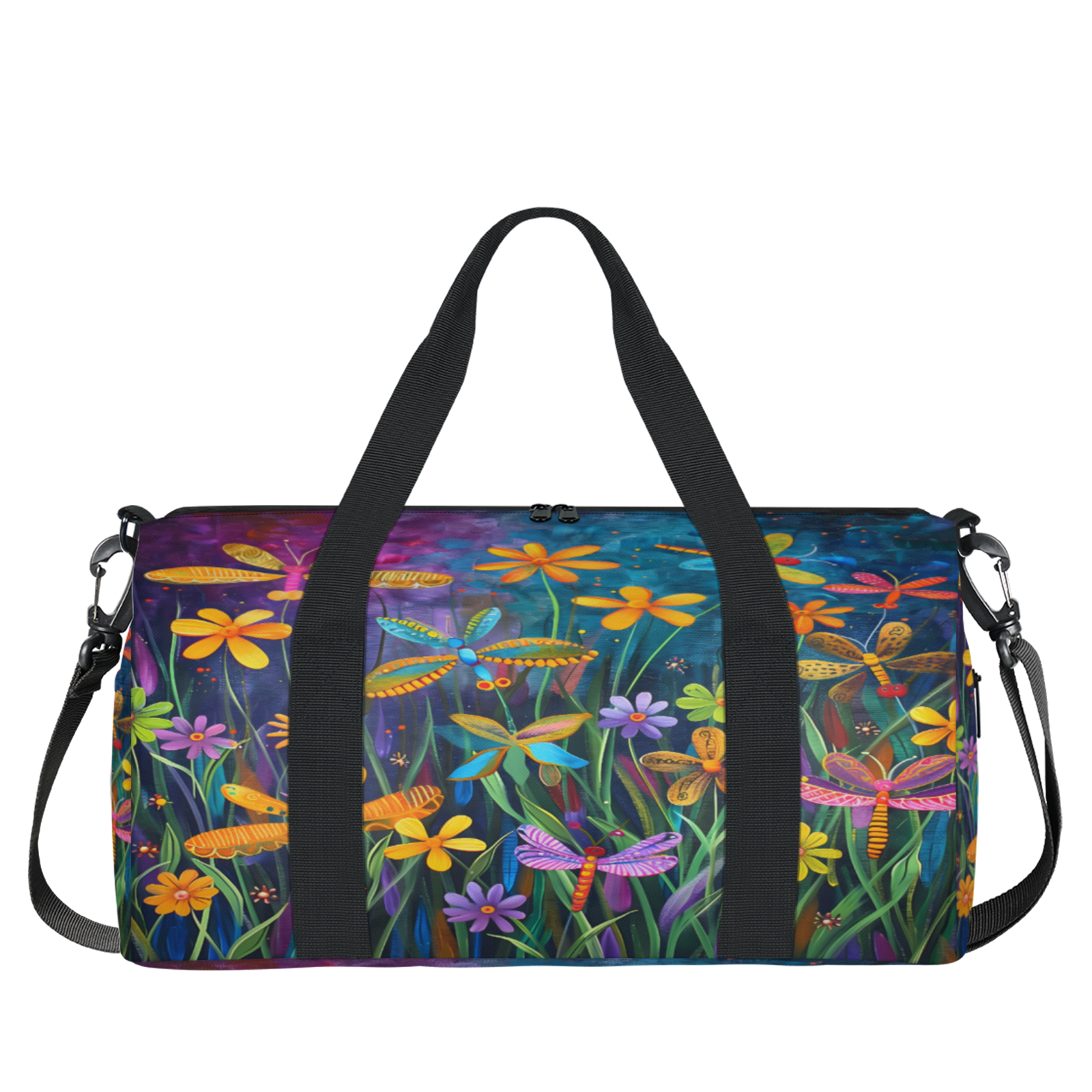 Herdesigns Colorful Dragonflie Flowers Gym Bag for Women, Duffle Bag for Travel Sport, Lightweight Waterproof Carry on Weekender Overnight Dance Yoga Workout Bags