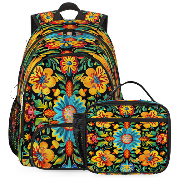 Herdesigns Colorful Mexican Floral Large Backpack Set with Lunch Box Lightweight Water Resistant Travel Laptop Backpacks Casual Daypacks for Women Men