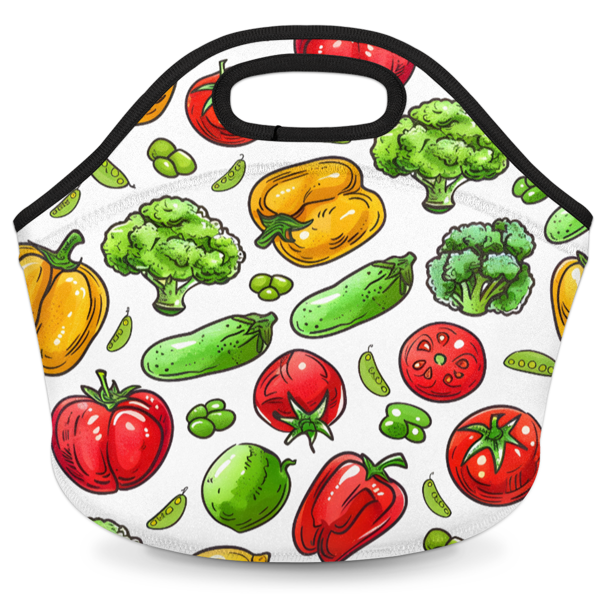 Herdesigns Colorful Neoprene Lunch Bag, Vegetable Print Insulated Lunch Box for Women Men Washable Lunch Tote Soft Lunch Container With Zipper for Work Picnic Travel