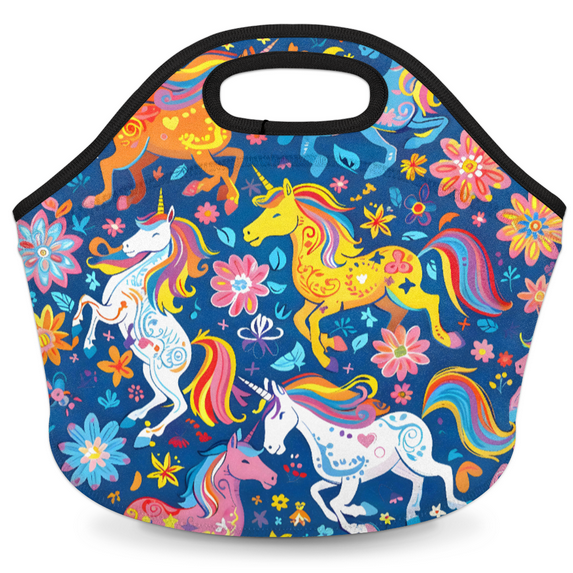 Herdesigns Colorful Unicorn Floral Insulated Neoprene Lunch Bag for Women Men Lunch Box Washable Reusable Lunch Tote Lightweight Lunch Handbag for Work Outdoor Picnic