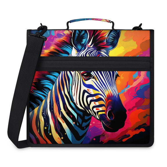 Herdesigns Colorful Zebra Zipper Binder with Shoulder Strap, Waterproof 1.5 Inch 3 D-Ring Binder Organizer Bag, Fits 13 Inch Laptop for Work,