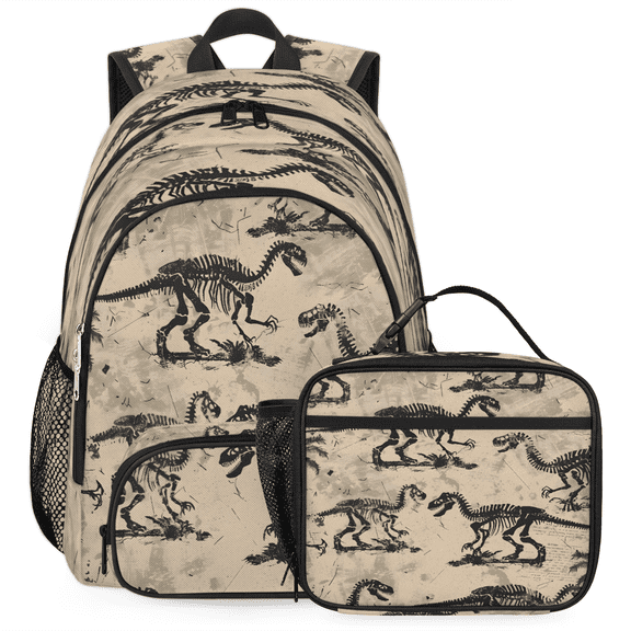 Herdesigns Cool Dinosaur Skeleton Large Backpack Set with Lunch Box Lightweight Water Resistant Travel Laptop Backpacks Casual Daypacks for Women Men
