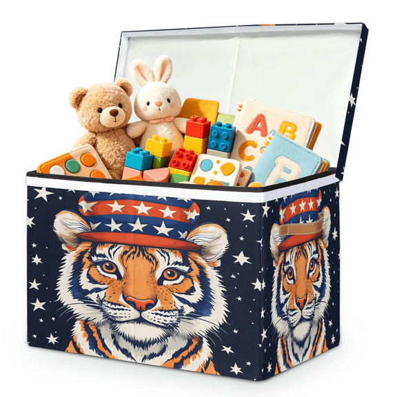 Herdesigns Cool Tiger Large Toy Box Chest Storage with Lid & Divider, 4th of July Collapsible Toy Container Bin for Boys Girls, Nursery Room Playroom, 25 x 13 x 16 Inch