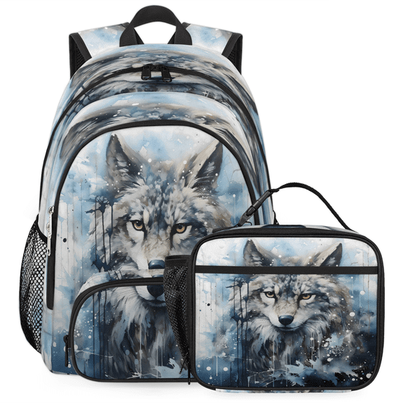 Herdesigns Cool Wolf Large Backpack Set with Lunch Box Lightweight Water Resistant Travel Laptop Backpacks Casual Daypacks for Women Men