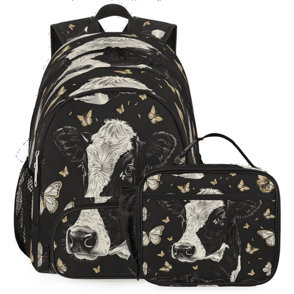 Herdesigns Cow Butterflies Large Backpack Set with Lunch Box Lightweight Water Resistant Travel Laptop Backpacks Casual Daypacks for Women Men