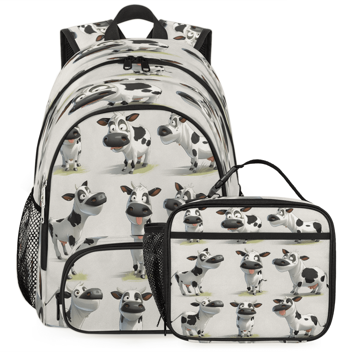 Herdesigns Cow Farm Animal Large Backpack Set with Lunch Box Lightweight Water Resistant Travel Laptop Backpacks Casual Daypacks for Women Men