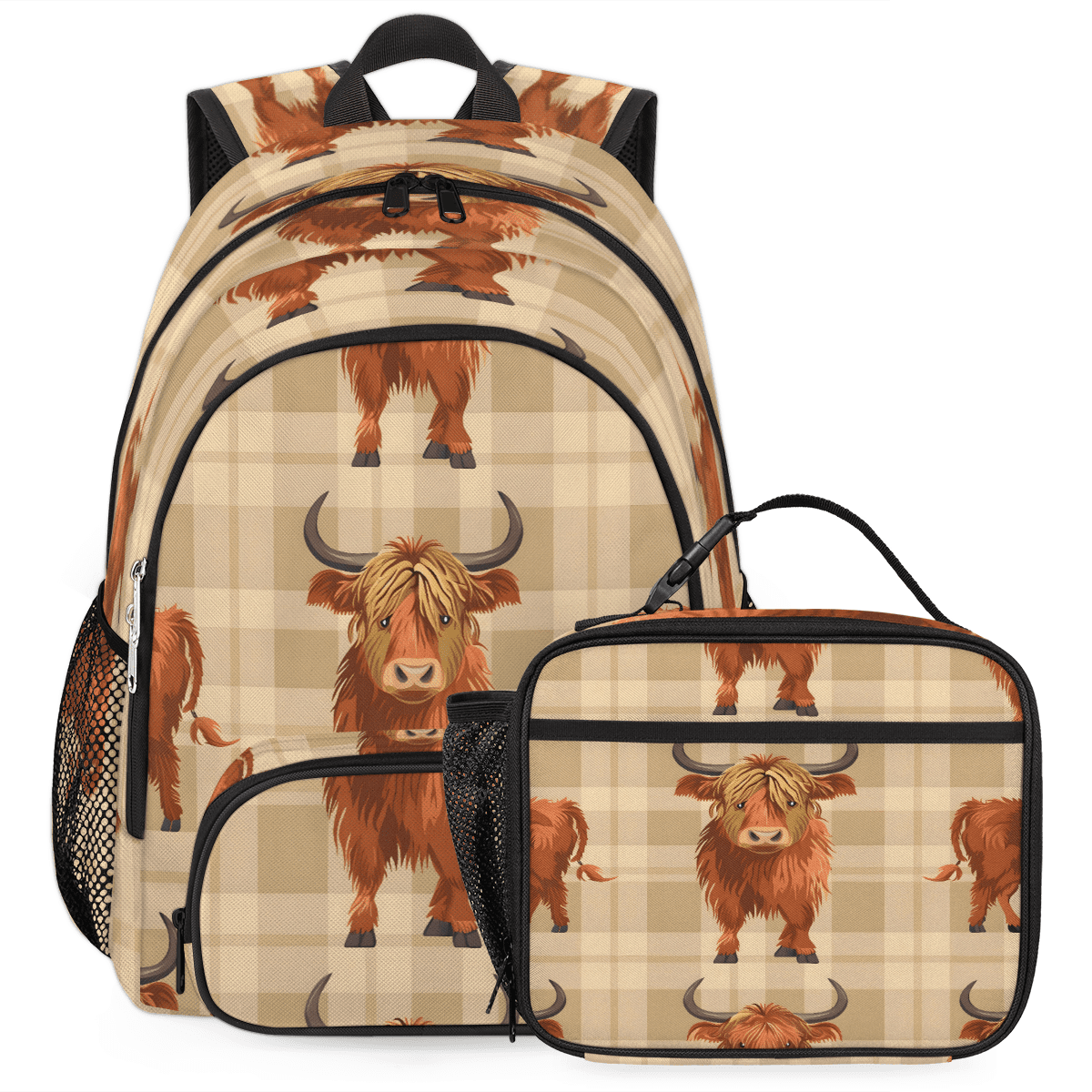 Herdesigns Cow Highland Large Backpack Set with Lunch Box Lightweight Water Resistant Travel Laptop Backpacks Casual Daypacks for Women Men
