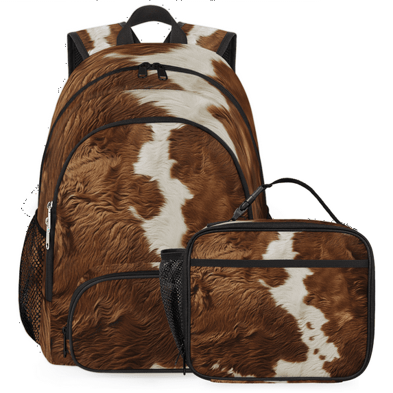 Herdesigns Cow Print Vintage Brown Large Backpack Set with Lunch Box Lightweight Water Resistant Travel Laptop Backpacks Casual Daypacks for Women Men
