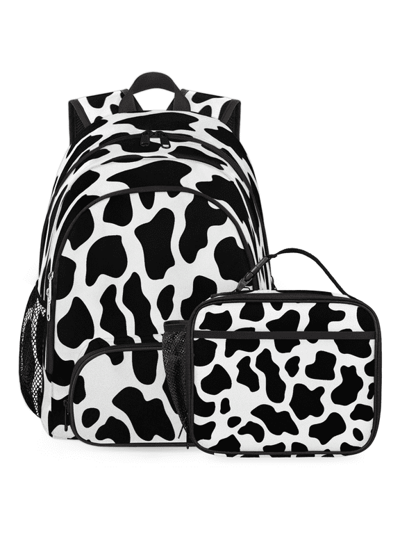Cow Print Western Large Backpack Set with Lunch Box Lightweight Water Resistant Travel Laptop Backpacks Casual Daypacks for Women Men