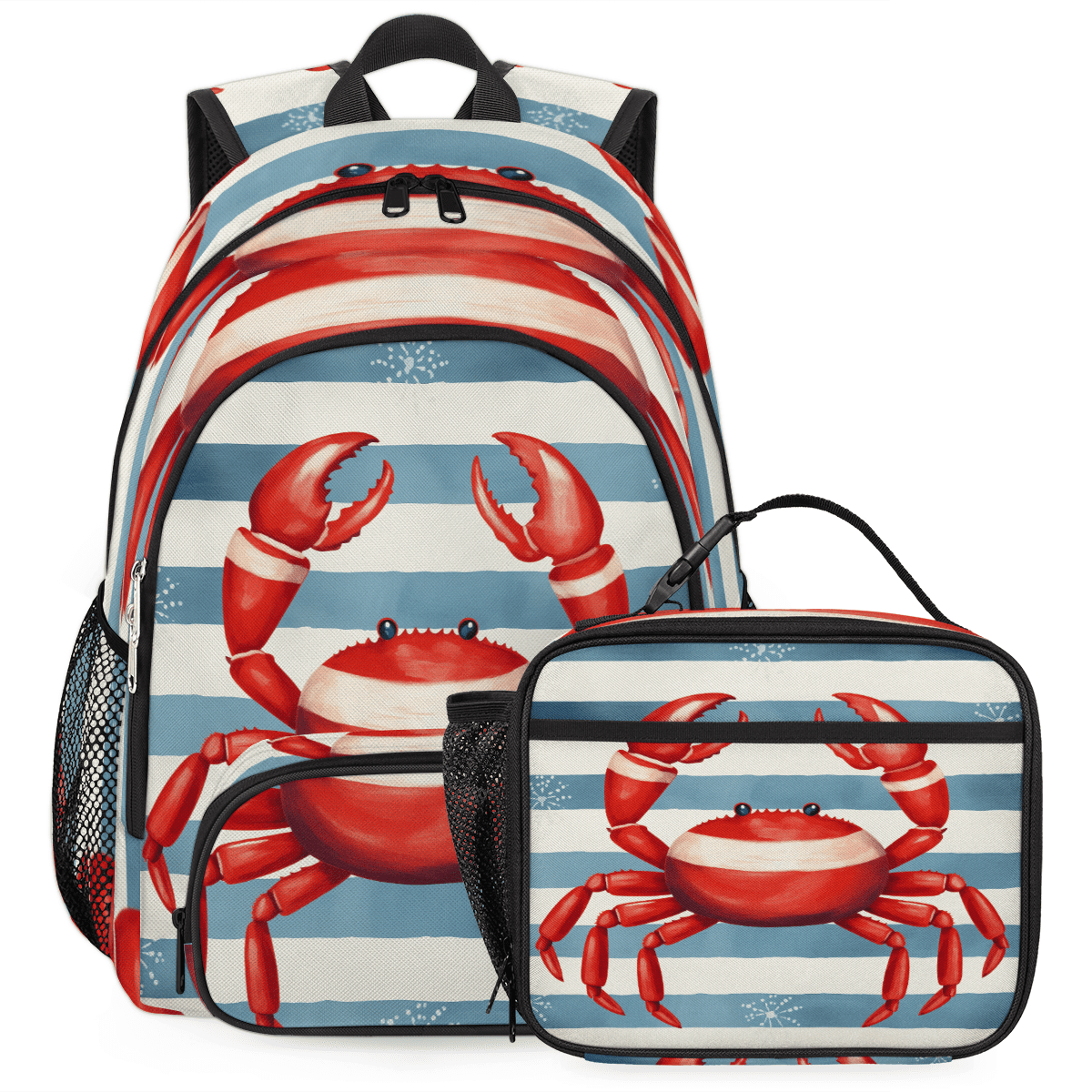 Herdesigns Crab Large Backpack Set with Lunch Box Lightweight Water Resistant Travel Laptop Backpacks Casual Daypacks for Women Men