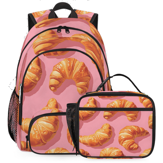 Herdesigns Croissants Backpack with Lunch Box Food Bread Lightweight Large Travel Work Laptop Backpacks Set Casual Daypacks
