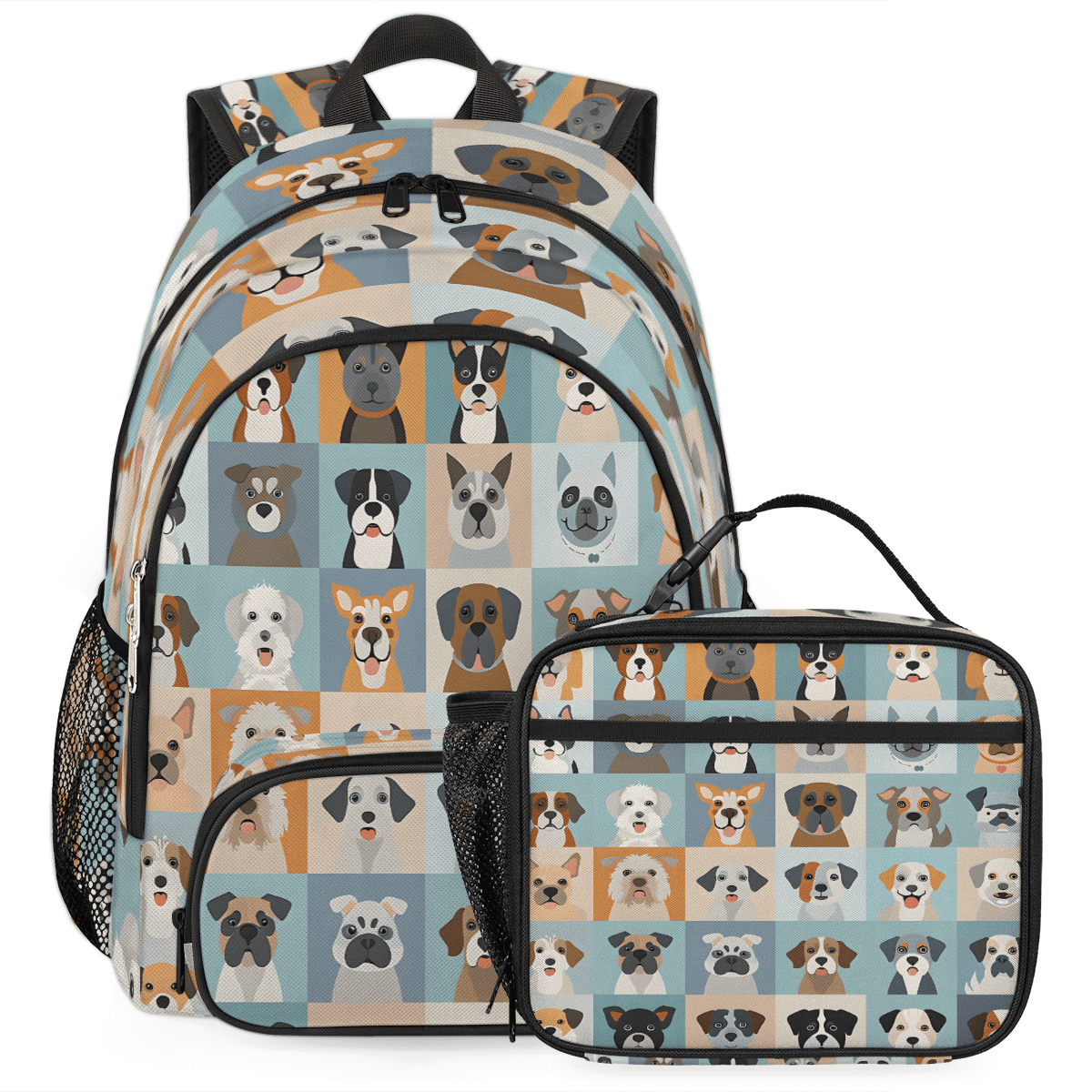 Herdesigns Cute Animal Dogs Puppy Large Backpack Set with Lunch Box Lightweight Water Resistant Travel Laptop Backpacks Casual Daypacks for Women Men