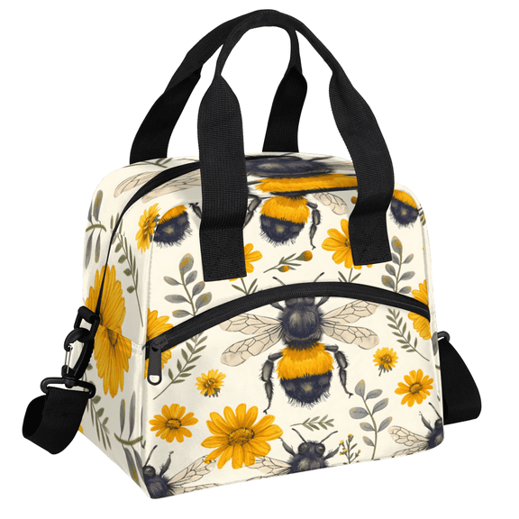 Herdesigns Cute Bee Insulated Lunch Bag for Women Men Adults Large Reusable Lunch Box Floral Bee Leakproof Cooler Tote Bags with Adjustable Shoulder Strap