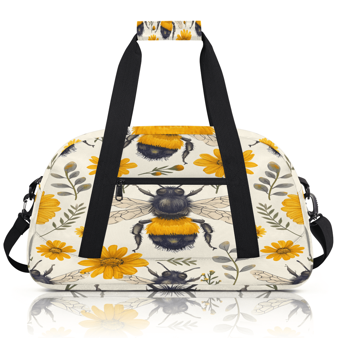 Herdesigns Cute Bee Sports Duffle Bag for Women & Men, Floral Bee Gym Bag Dance Bag Overnight Bag Carry On Weekender Travel Bag