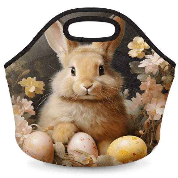 Herdesigns Cute Bunny Easter Eggs Insulated Neoprene Lunch Bag for Women Men Lunch Box Washable Reusable Lunch Tote Lightweight Lunch Handbag for Work Outdoor Picnic
