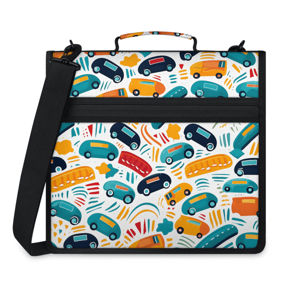 Herdesigns Cute Car Zipper Binder 1.5 Inch 3 D-Rings with Shoulder Strap & Handle, Waterproof Bus Taxi Binder Organizer Bag for 13 Inch Laptop