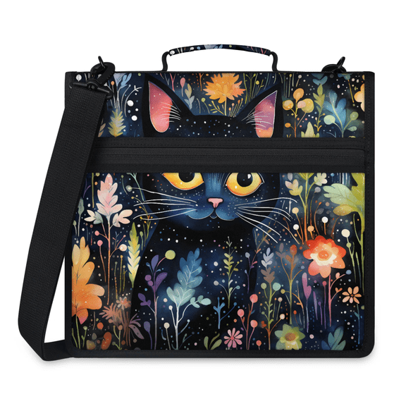 Herdesigns Cute Cat Zipper Binder 1.5 Inch 3 D-Rings with Shoulder Strap & Handle, Waterproof Colorful Flower Leaf Binder Organizer Bag for 13 Inch Laptop