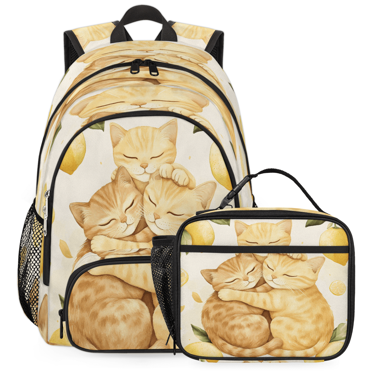 Two Cat Backpack Herdesigns Cute Cats Large Backpack Set with Lunch Box Lightweight ...