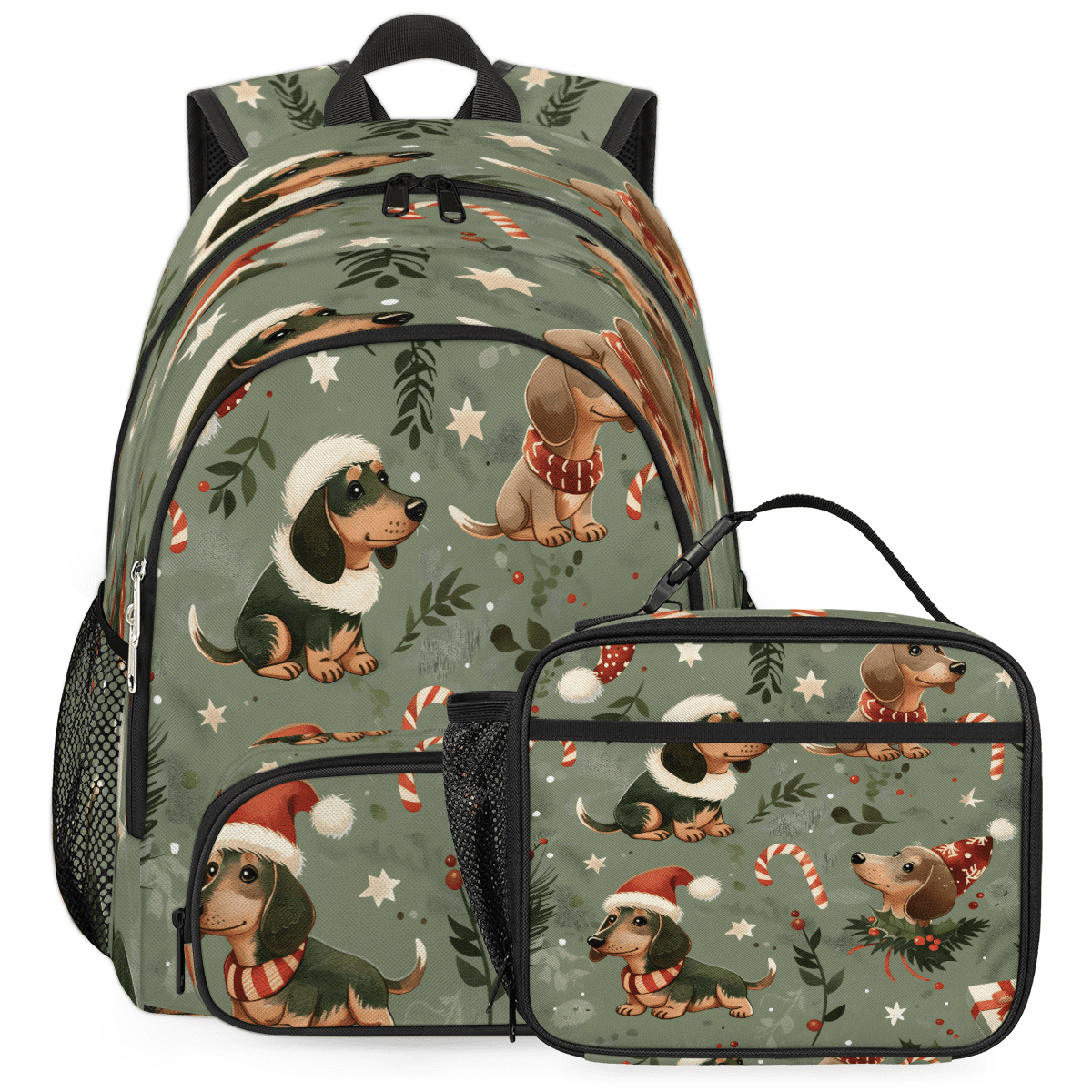 Herdesigns Cute Christmas Dogs Large Backpack Set with Lunch Box ...