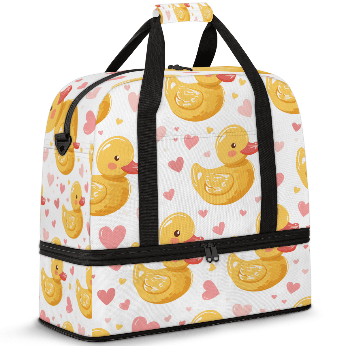 Herdesigns Cute Duck Foldable Travel Duffel Bag for Women Men, Pink Love Weekend Overnight Carry On Bags with Shoe Compartment