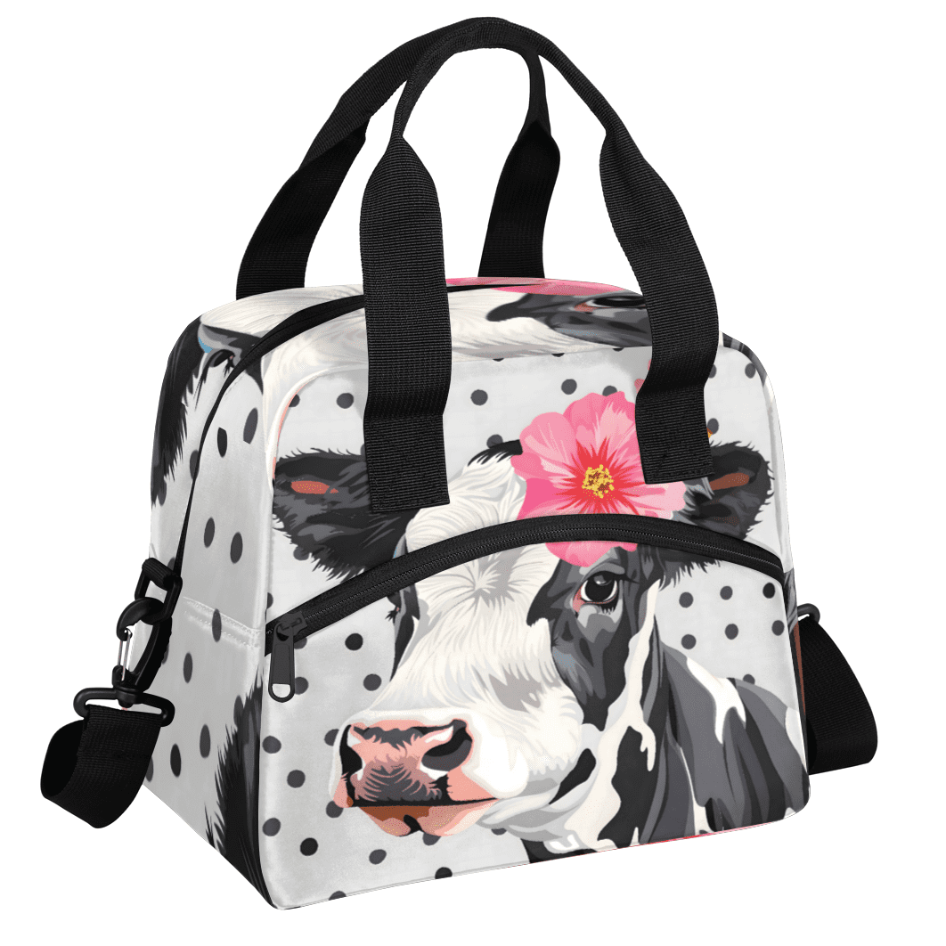 Herdesigns Cute Floral Cow Insulated Lunch Bag for Women Men Adults Large Reusable Lunch Box Leakproof Portable Cooler Tote Bags with Adjustable Shoulder Strap