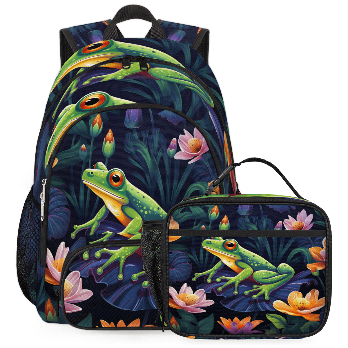 Herdesigns Cute Frogs Backpack with Lunch Box Flower Frog Lightweight ...