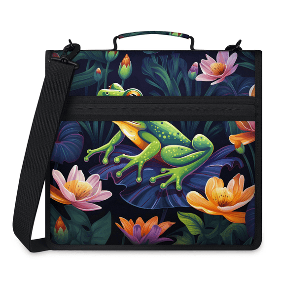 Herdesigns Cute Frogs Zipper Binder 1.5 Inch 3 D-Rings with Shoulder Strap & Handle, Waterproof Flower Frog Binder Organizer Bag for 13 Inch Laptop