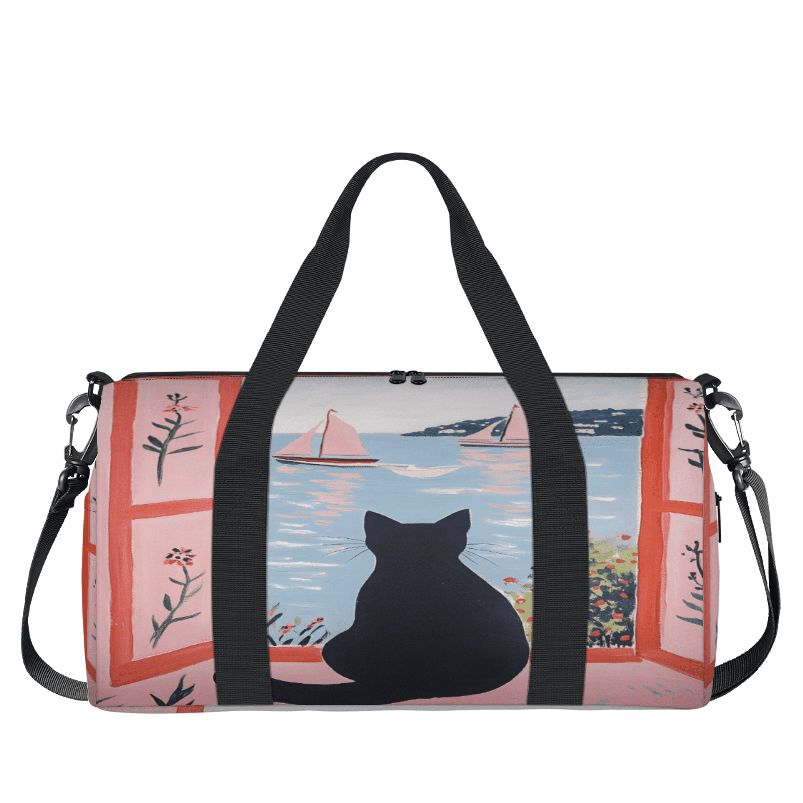Herdesigns Cute Gym Bag for Women, Black Cat Duffle Bag for Travel Sport, Lightweight Waterproof Carry on Weekender Overnight Dance Yoga Workout Bags