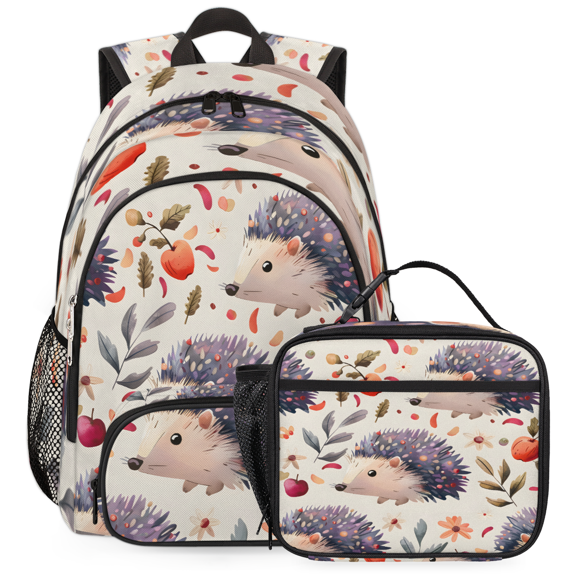 Herdesigns Cute Hedgehog Backpack with Lunch Box Animal Pattern Lightweight Large Travel Work Laptop Backpacks Set Casual Daypacks